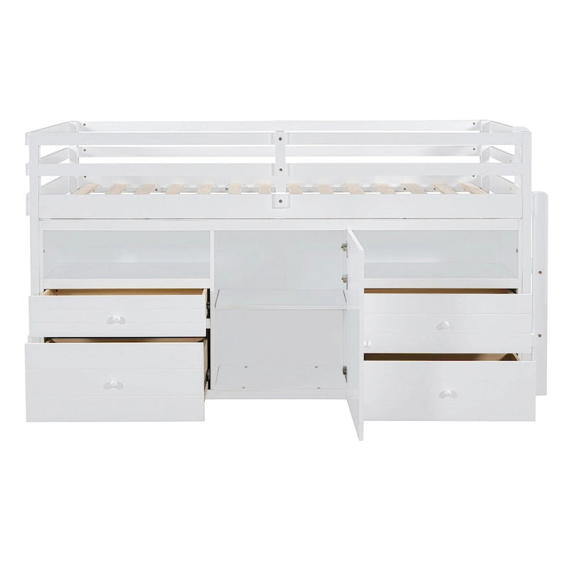 Twin Size Loft Bed with 4 Drawers, Underneath Cabinet and Shelves