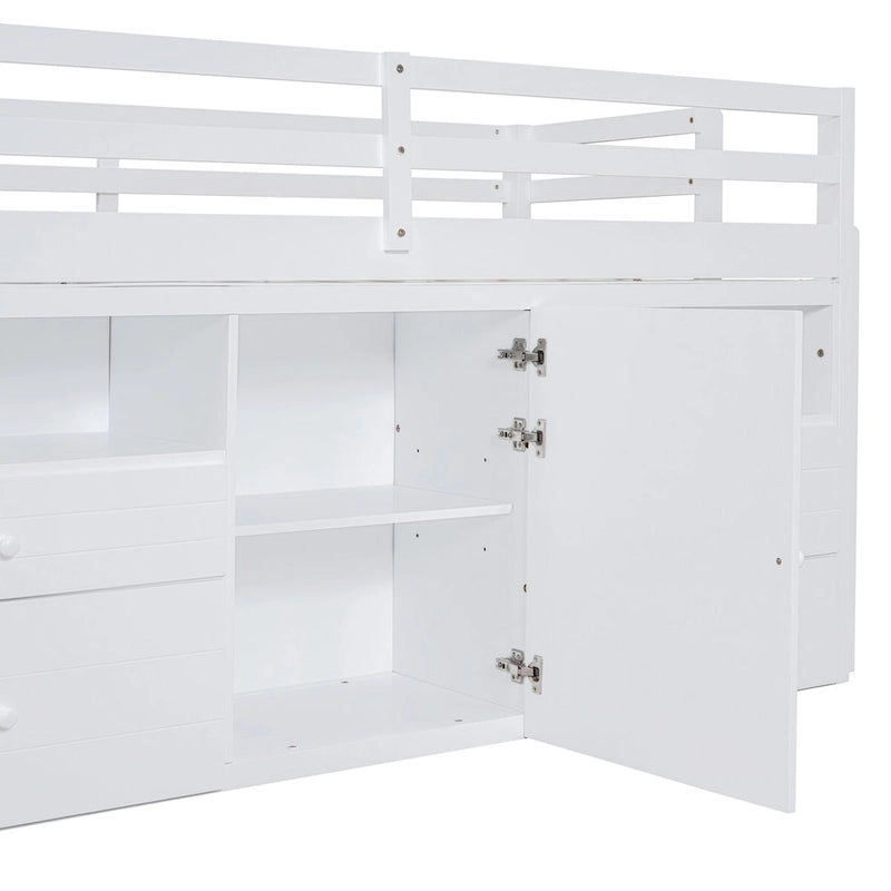 Twin Size Loft Bed with 4 Drawers, Underneath Cabinet and Shelves