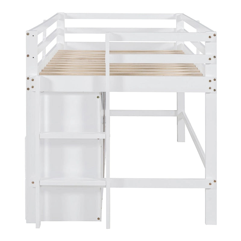 Twin Size Loft Bed with 4 Drawers, Underneath Cabinet and Shelves