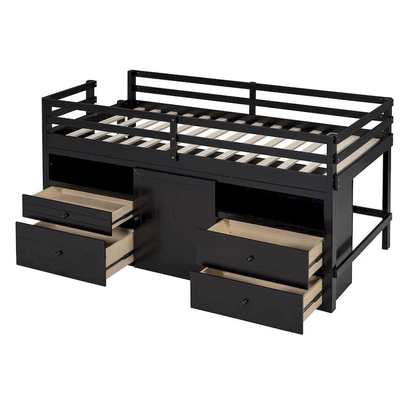 Twin Size Loft Bed with 4 Drawers, Underneath Cabinet and Shelves