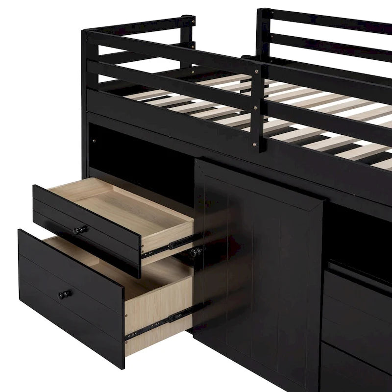 Twin Size Loft Bed with 4 Drawers, Underneath Cabinet and Shelves