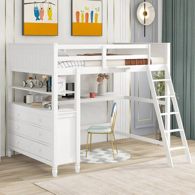 Full Size Loft Bed with Drawers and Desk, Wooden Loft Bed with Shelves