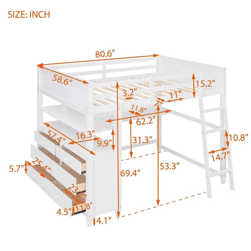 Full Size Loft Bed with Drawers and Desk, Wooden Loft Bed with Shelves