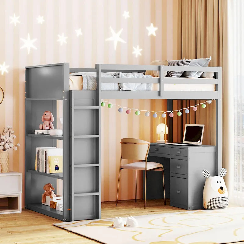 Loft Bed with Ladder, Shelves and Desk