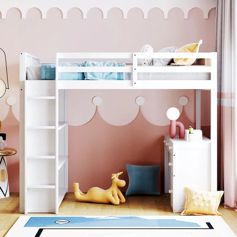 Loft Bed with Ladder, Shelves and Desk