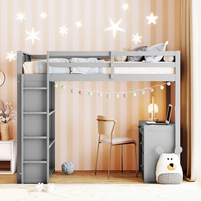 Loft Bed with Ladder, Shelves and Desk