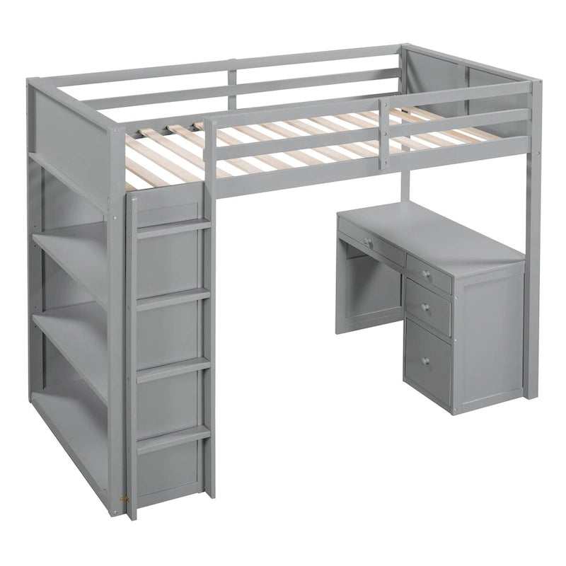 Loft Bed with Ladder, Shelves and Desk