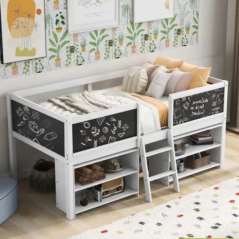 Low Loft Bed with 2 Movable Shelves, Ladder, Decorative Guardrail Chalkboard