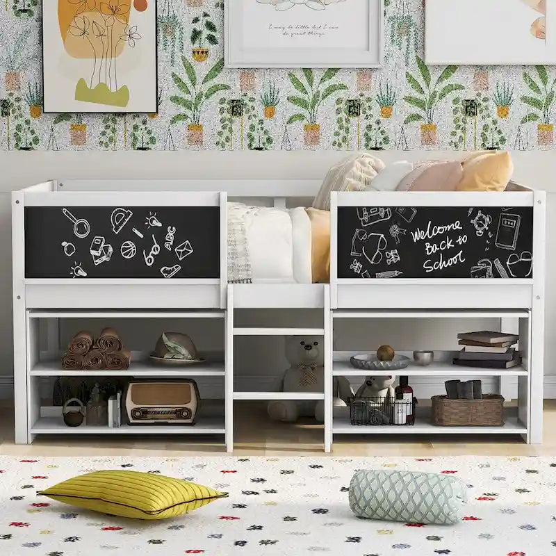 Low Loft Bed with 2 Movable Shelves, Ladder, Decorative Guardrail Chalkboard