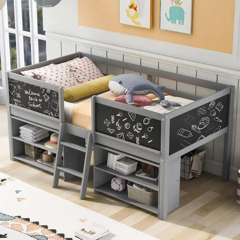 Low Loft Bed with 2 Movable Shelves, Ladder, Decorative Guardrail Chalkboard