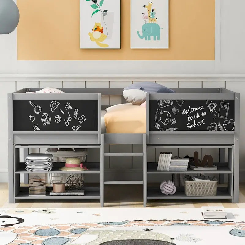 Low Loft Bed with 2 Movable Shelves, Ladder, Decorative Guardrail Chalkboard