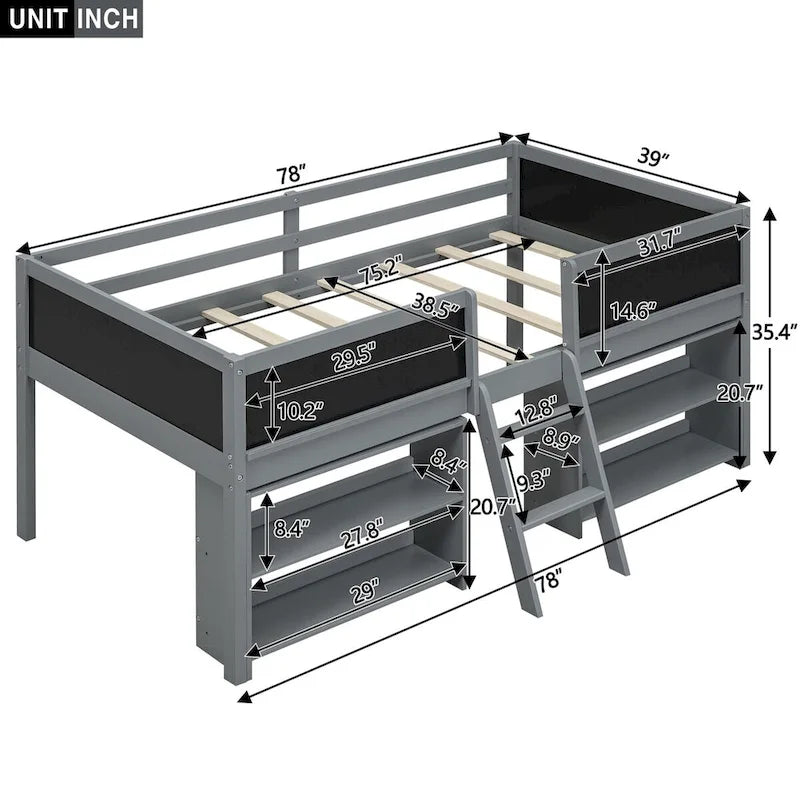 Low Loft Bed with 2 Movable Shelves, Ladder, Decorative Guardrail Chalkboard