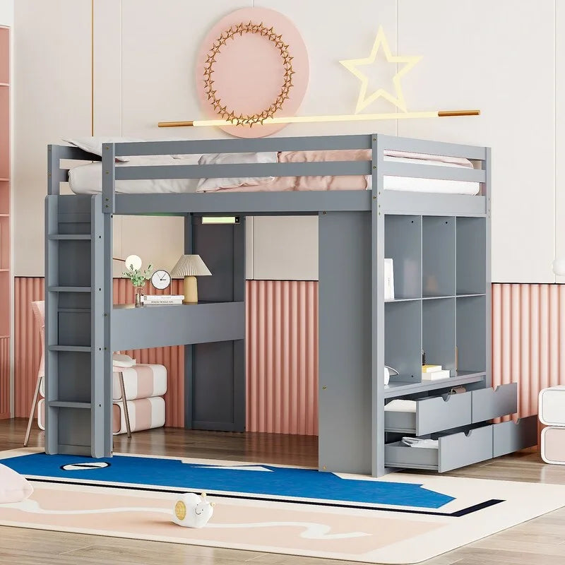 Full Size Loft Bed with Shelves, Drawers,Writing Desk and LED Light