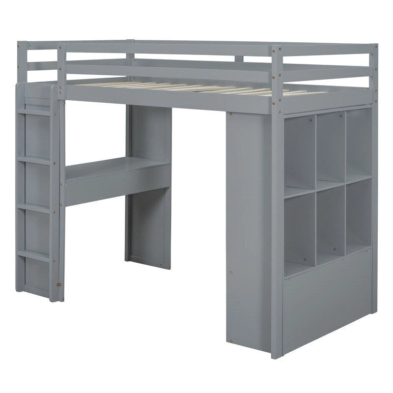 Full Size Loft Bed with Shelves, Drawers,Writing Desk and LED Light