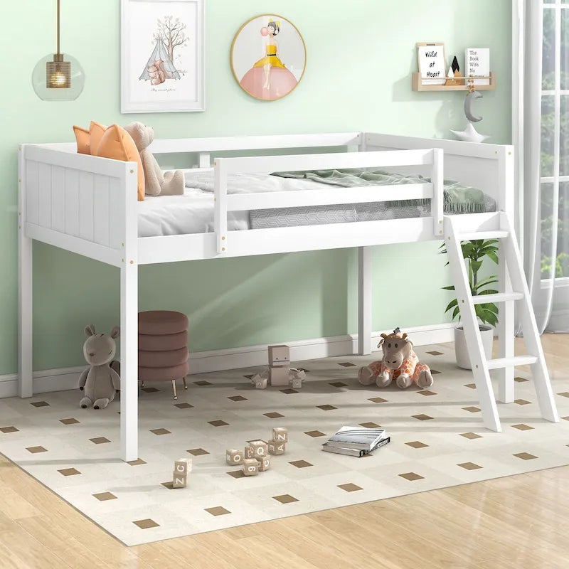 Twin Size Wood Low Loft Bed with Ladder