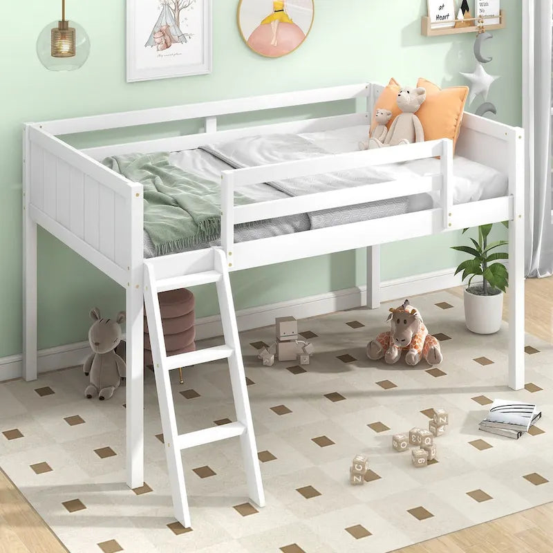 Twin Size Wood Low Loft Bed with Ladder