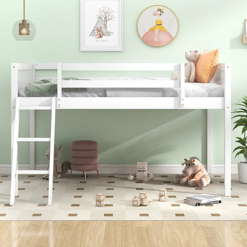 Twin Size Wood Low Loft Bed with Ladder