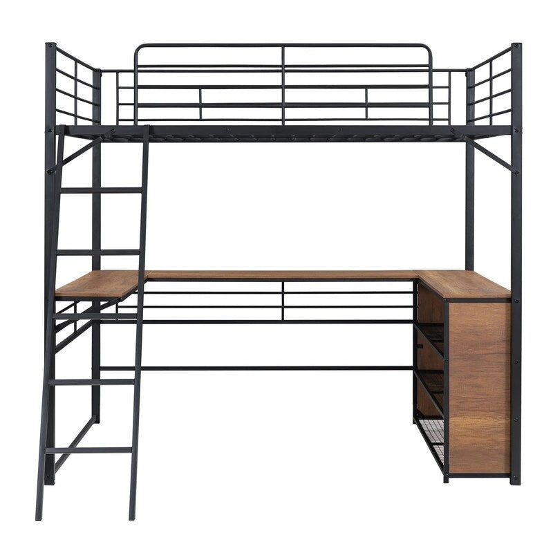 Metal Full Size Loft Bed with 3 Layers of Shelves and L-shaped Desk