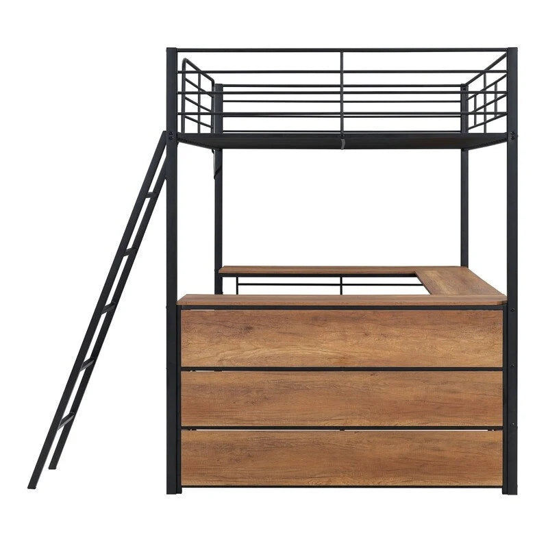Metal Full Size Loft Bed with 3 Layers of Shelves and L-shaped Desk