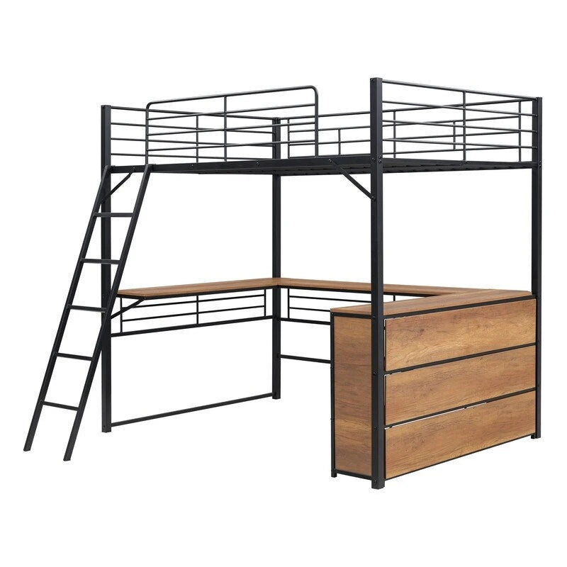 Metal Full Size Loft Bed with 3 Layers of Shelves and L-shaped Desk