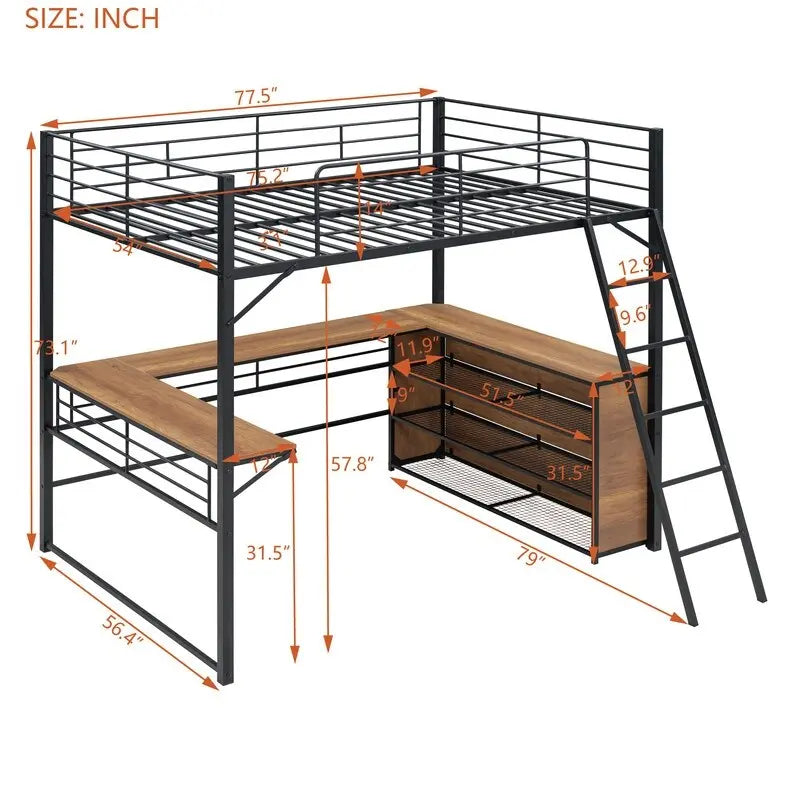 Metal Full Size Loft Bed with 3 Layers of Shelves and L-shaped Desk