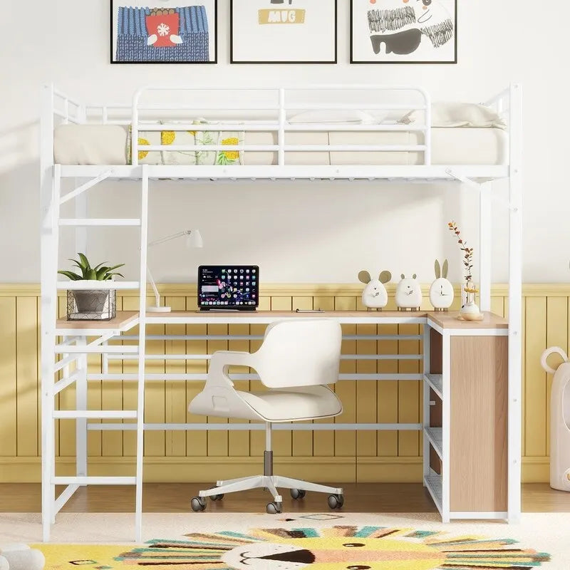 Metal Full Size Loft Bed with 3 Layers of Shelves and L-shaped Desk