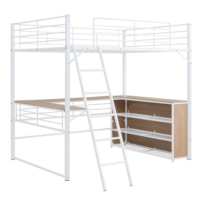 Metal Full Size Loft Bed with 3 Layers of Shelves and L-shaped Desk