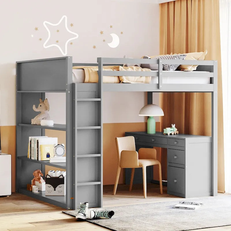 Full Size Loft Bed with Built-in Desk, Solid Wood Frame, 3-Tier Shelves & Storage Drawers