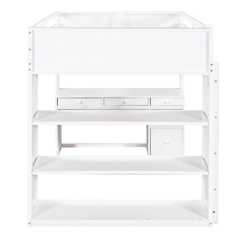 Full Size Loft Bed with Built-in Desk, Solid Wood Frame, 3-Tier Shelves & Storage Drawers