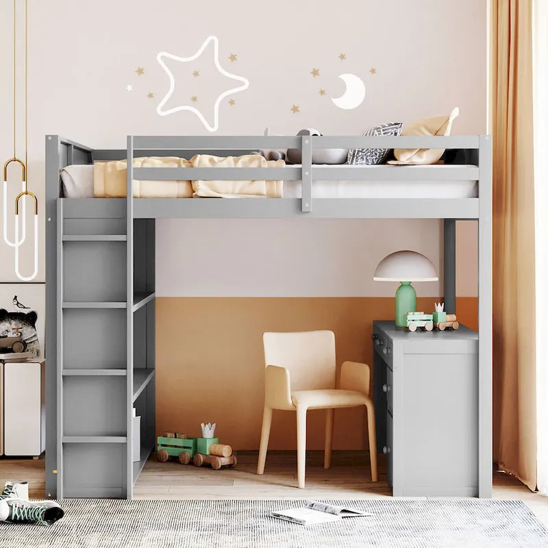 Full Size Loft Bed with Built-in Desk, Solid Wood Frame, 3-Tier Shelves & Storage Drawers