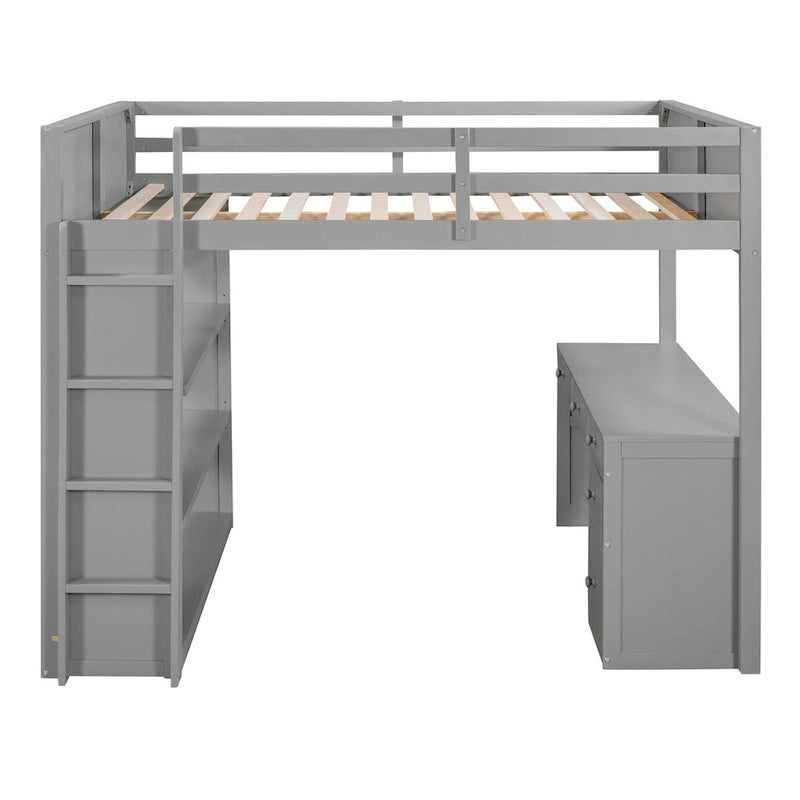Full Size Loft Bed with Built-in Desk, Solid Wood Frame, 3-Tier Shelves & Storage Drawers