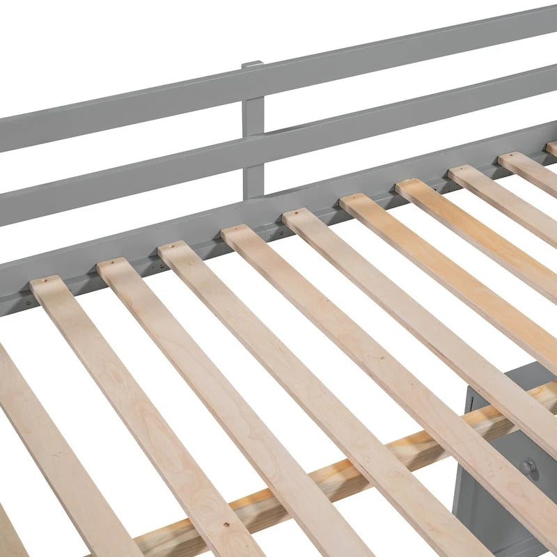Full Size Loft Bed with Built-in Desk, Solid Wood Frame, 3-Tier Shelves & Storage Drawers