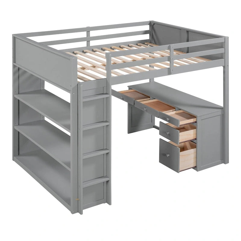 Full Size Loft Bed with Built-in Desk, Solid Wood Frame, 3-Tier Shelves & Storage Drawers