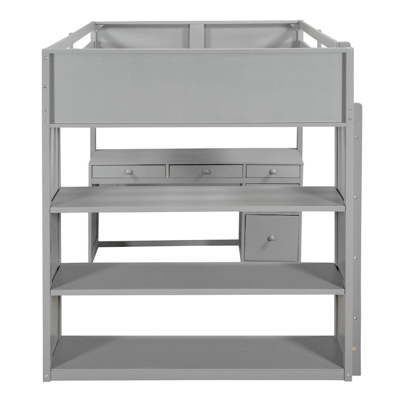 Full Size Loft Bed with Built-in Desk, Solid Wood Frame, 3-Tier Shelves & Storage Drawers