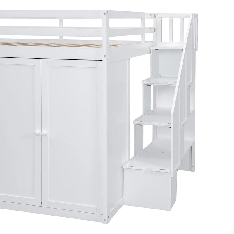 Full Size Loft Bed, Wood Loft Bed Frame with Built-in Wardrobes, Cabinets and Drawers