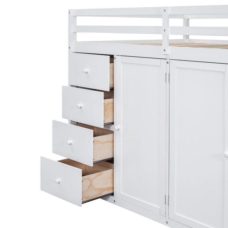 Full Size Loft Bed, Wood Loft Bed Frame with Built-in Wardrobes, Cabinets and Drawers