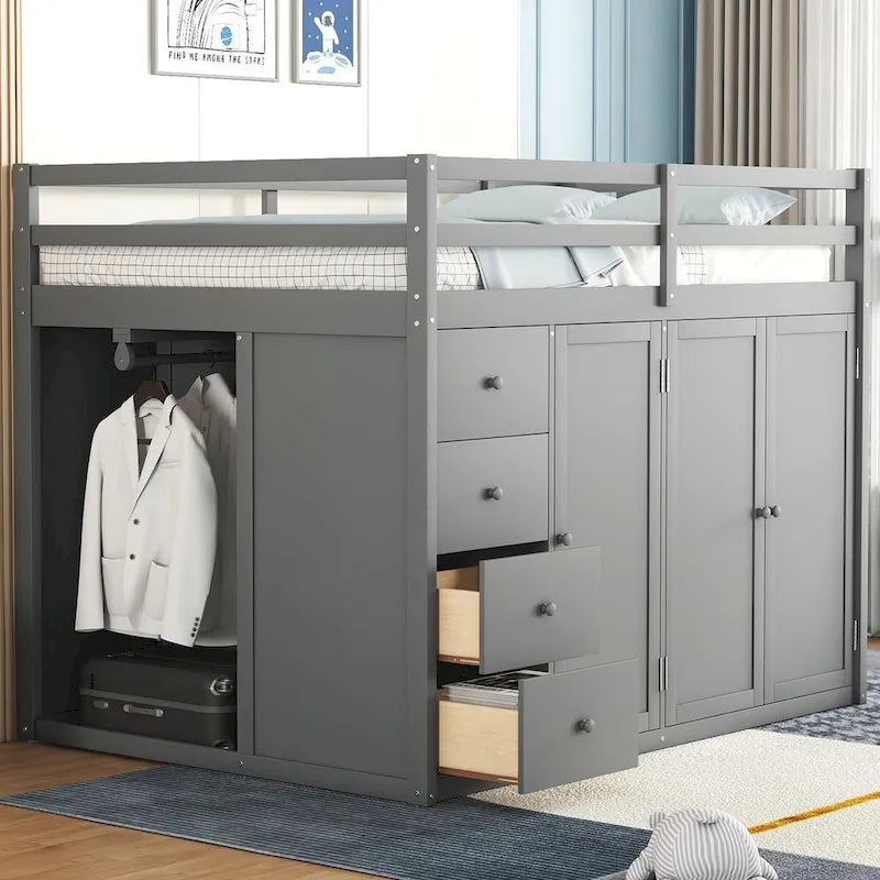 Full Size Loft Bed, Wood Loft Bed Frame with Built-in Wardrobes, Cabinets and Drawers