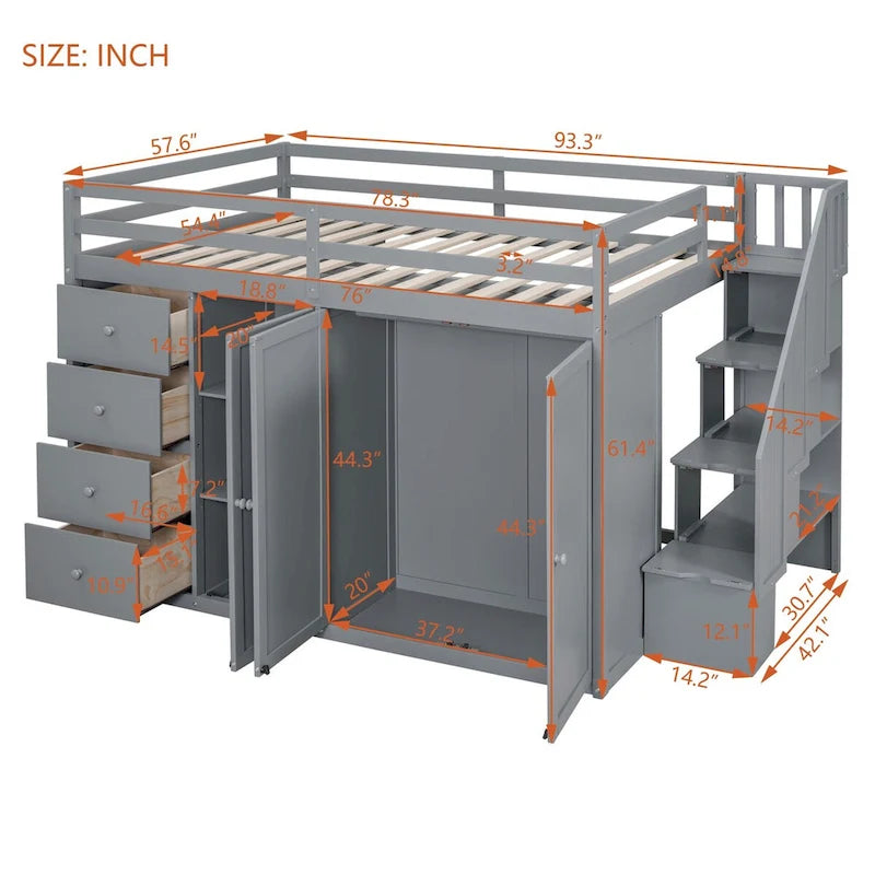Full Size Loft Bed, Wood Loft Bed Frame with Built-in Wardrobes, Cabinets and Drawers
