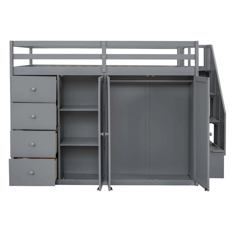 Full Size Loft Bed, Wood Loft Bed Frame with Built-in Wardrobes, Cabinets and Drawers