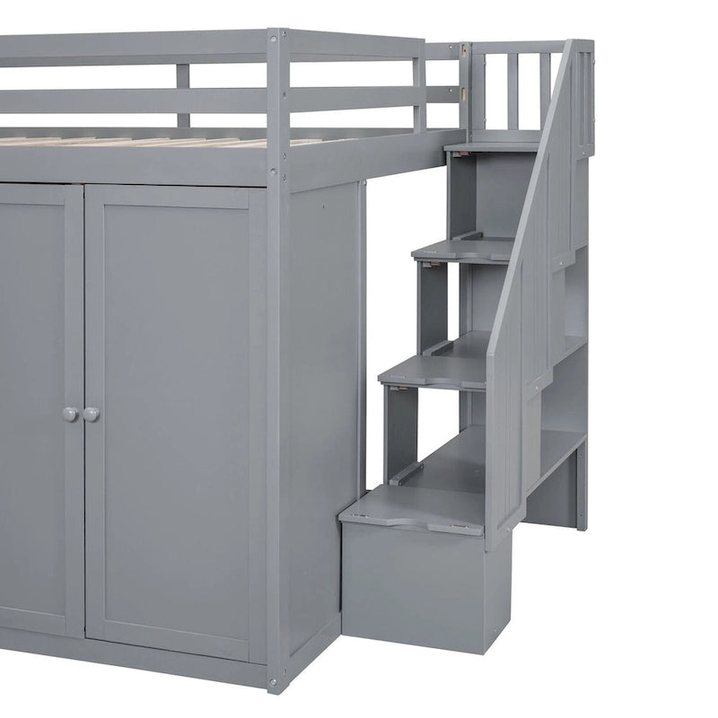 Full Size Loft Bed, Wood Loft Bed Frame with Built-in Wardrobes, Cabinets and Drawers