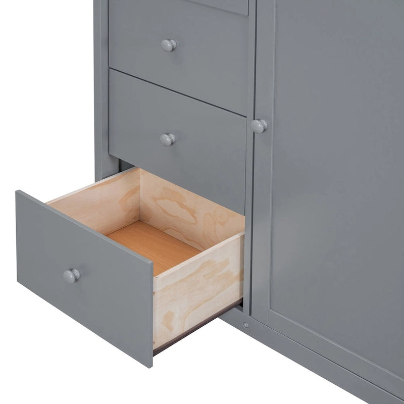 Full Size Loft Bed, Wood Loft Bed Frame with Built-in Wardrobes, Cabinets and Drawers
