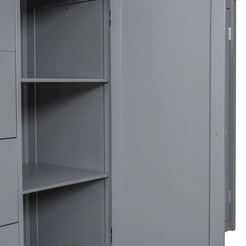 Full Size Loft Bed, Wood Loft Bed Frame with Built-in Wardrobes, Cabinets and Drawers