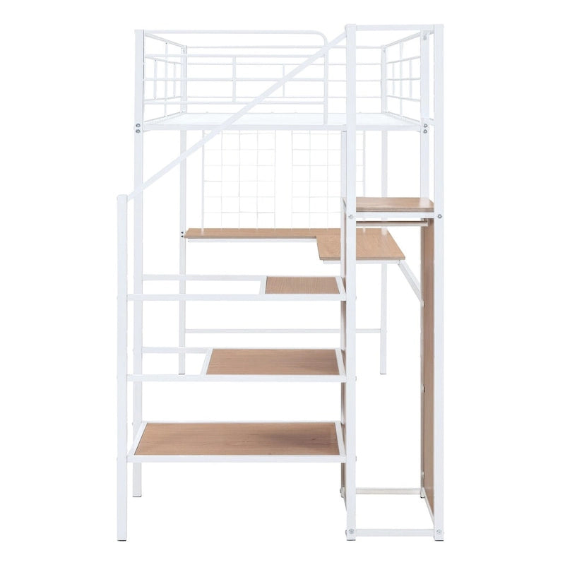 Twin Size Metal Loft Bed with Desk and Wardrobe, Lateral Storage Ladder