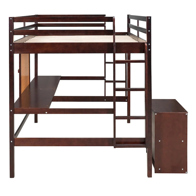 Espresso Pine Wood Loft Bed with Desk and Cabinet, Writing Board, Full-Length Guardrail