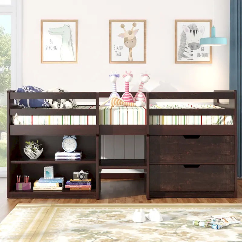 Twin Loft Bed with Shelves and drawers