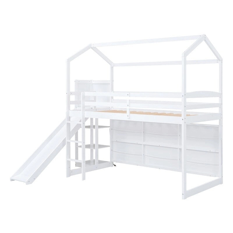 Twin Size Wood House Loft bed with Slide, Storage, and Light