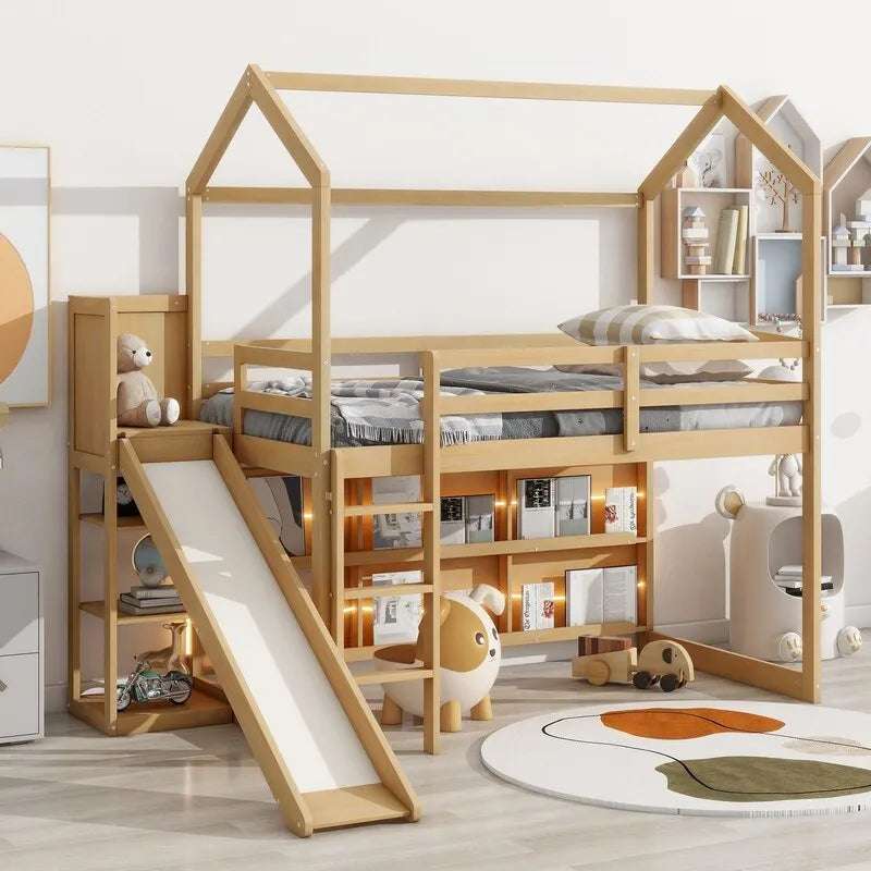 Twin Size Wood House Loft bed with Slide, Storage, and Light