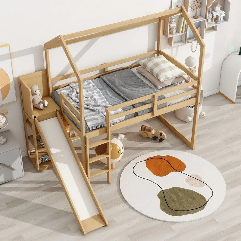 Twin Size Wood House Loft bed with Slide, Storage, and Light
