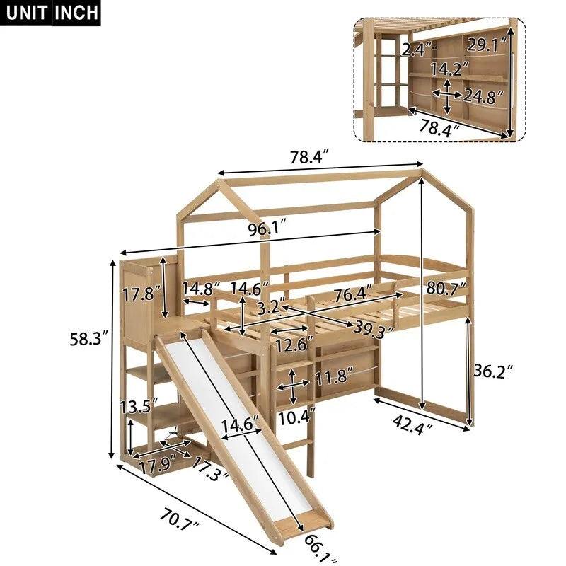 Twin Size Wood House Loft bed with Slide, Storage, and Light