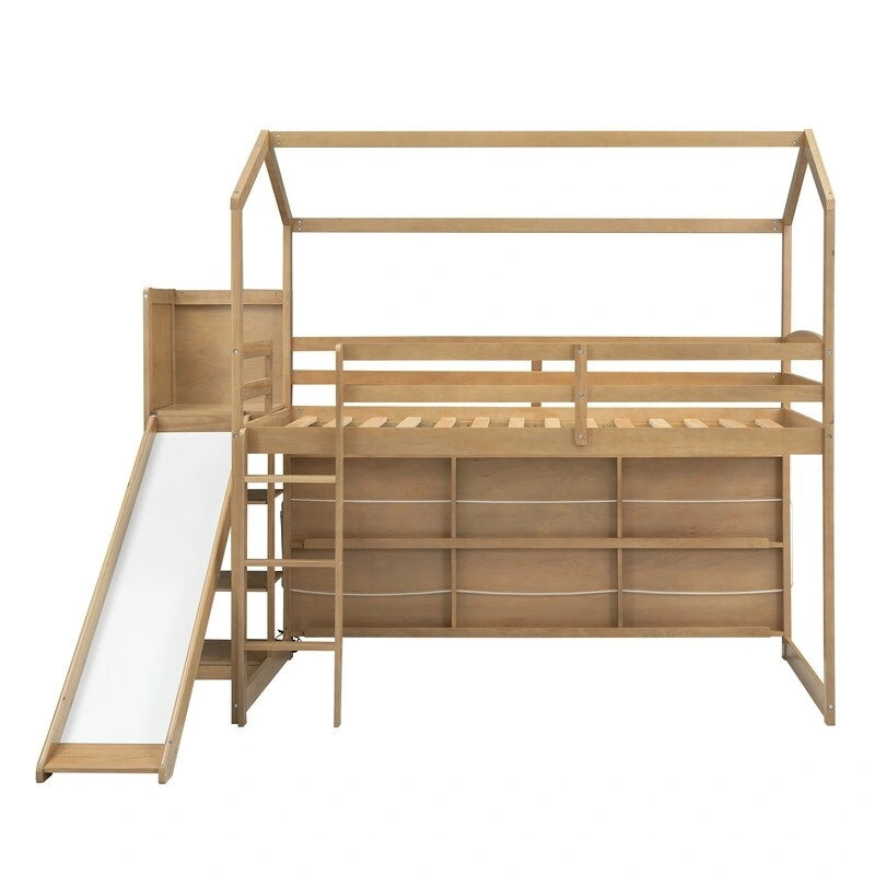 Twin Size Wood House Loft bed with Slide, Storage, and Light